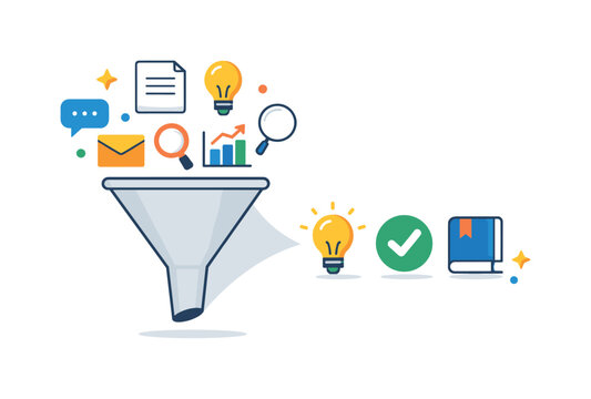 Strategic cognitive filtering and intentional information intake in knowledge-heavy work, a minimal funnel guiding only a few clean icons forward from
