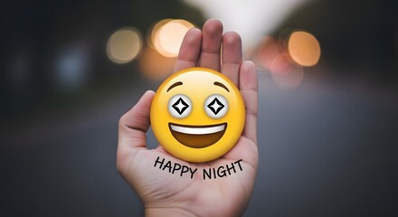 Happy Night Emoji with Open Eyes in a Hand with Lights