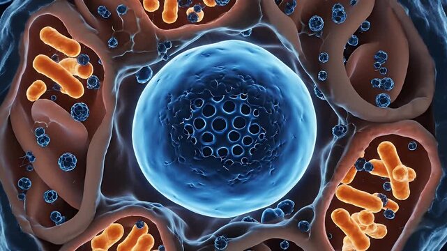 Microscopic Cellular Structure - This video shows a microscopic view of cellular structures including a large blue cell surrounded by compartments containing rod-shaped orange structures and small