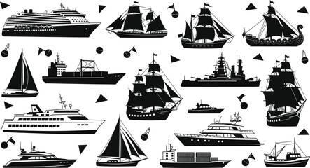 Large collection of nautical ship silhouettes including cruise liners sailing boats yachts cargo vessels and vintage pirate galleons for maritime graphic design. © MdGohurul