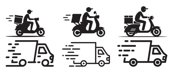 Delivery courier on motorbike silhouette icons with storage box. vector illustration eps 10