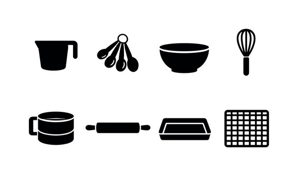 Home pantry baking tools: measuring cup, measuring spoon, mixing bowl, whisk, sifter, rolling pin, baking tray, cooling rack