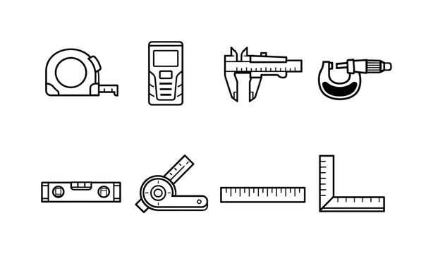 Home measuring instruments: tape measure, laser measure, caliper, micrometer, spirit level, angle finder, ruler, measuring square