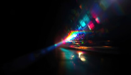 Blurred rainbow refraction overlay effect. Light lens prism effect on black background. Holographic reflection, crystal flare leak shadow overlay. Colorful rainbow disco ball light
