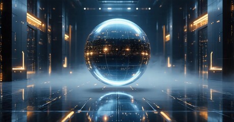 Fototapeta premium Futuristic room features glowing sphere, reflections, fog. Dramatic lighting creates intense digital atmosphere. Minimalist design.
