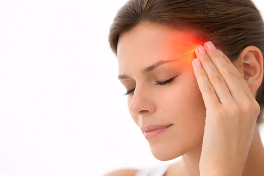 Photorealistic 3D clinical concept render: adult person holding one temple with a subtle soft red glow overlay indicating migraine pain, neutral facial expression