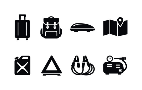 Outdoor car travel essentials: suitcase, travel backpack, roof box, road map, fuel can, warning triangle, jumper cable, tire inflator