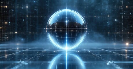 Obraz premium Glowing sphere dominates dark background. Digital grid reflects below, creating futuristic impression. Bright lines suggest data streams.