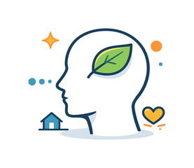 Obraz premium Everyday mental clarity and stress reduction during simple household moments, a human head silhouette combined with a small leaf and breathing dots