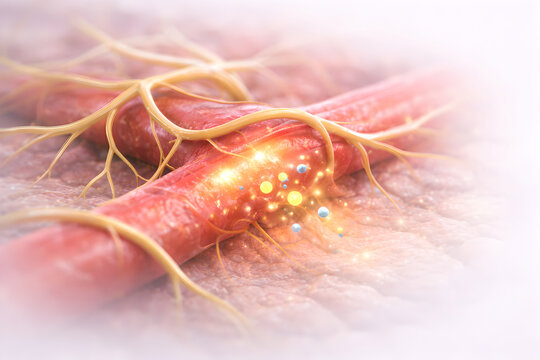 Photorealistic 3D clinical concept render: adult person holding one temple with a subtle soft red glow overlay indicating migraine pain, neutral facial expression