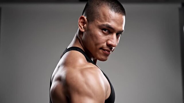 Muscular Man in Black Tank Top - A muscular man in a black tank top poses against a gray background. He is looking back over his shoulder with a slight smirk.