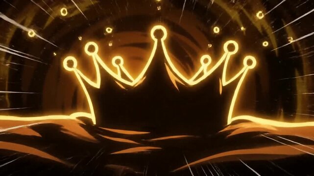 Close up of golden crown illuminating against dark backdrop or Close up of abstract bright crown design glowing in darkness