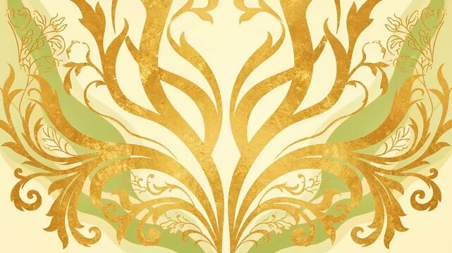 Close up of golden flourishes swirling in backdrop or Close up of plant illustrations appearing in background
