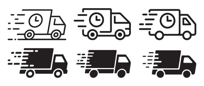 Delivery truck with clock and time symbols line icon set for shipping. vector illustration eps 10