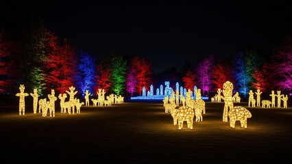 Obraz premium Illuminated reindeer silhouette light display at night with colorful forest lighting festive holiday scene