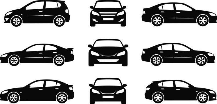 Collection of black car silhouettes in various angles