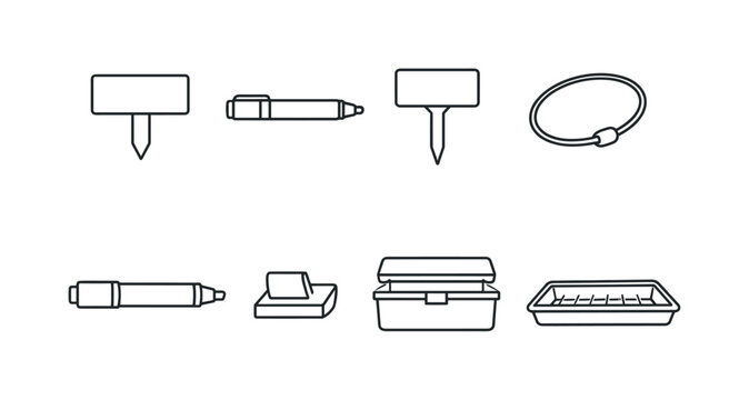 Garden plant labeling tools: plant label, marker pen, label stake, tag loop, chalk marker, label clip, storage box, label tray