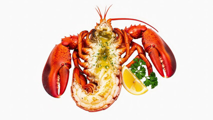 Delicious lobster with lemon and herbs isolated on white background