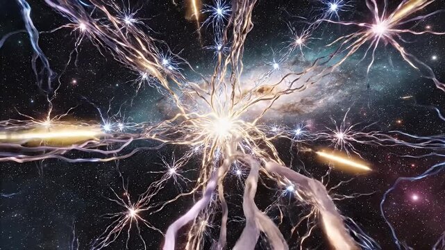 Neural Network Connection in Space - This video depicts a stylized neural network connection overlaid on a space background filled with stars and a distant galaxy.