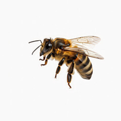 A closeup photo of a honey bee isolated on white background