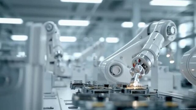 Automated robotic arms in a modern factory assembly line, precision manufacturing of electronics and technology