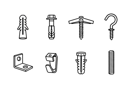 Home wall mounting hardware: wall anchor, expansion bolt, toggle bolt, screw hook, mounting bracket, picture hook, wall plug, threaded stud