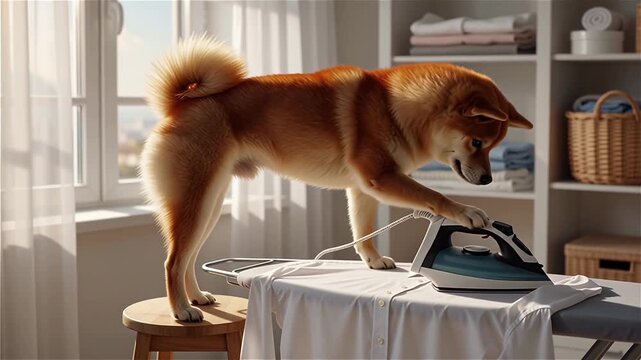 Funny shiba inu dog ironing a white shirt on ironing board in the laundry room