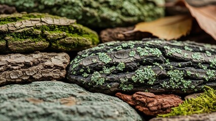 Close-up of moss-covered rocks with small insect in natural forest environment texture