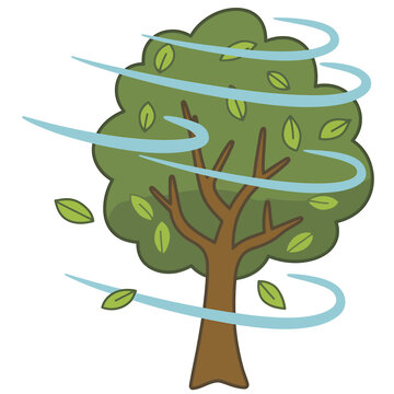 Cartoon tree with green leaves blowing in the wind outside
