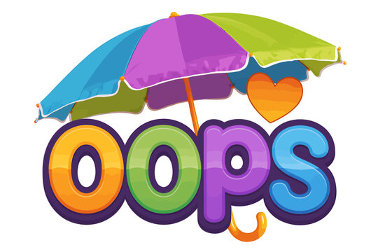 Colorful umbrellas and heart over oops text on white background