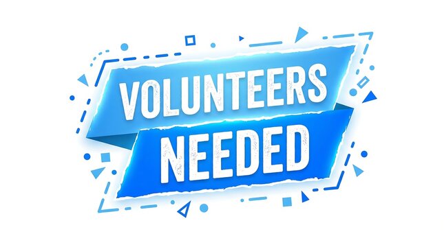 Volunteer needed sign with blue gradient banners and geometric shapes