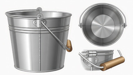 Stainless steel bucket with wooden handle and lid isolated on white background