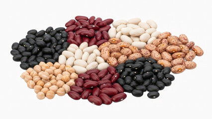 Assorted heap of colorful beans and legumes isolated on white background