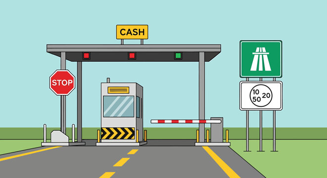 Toll booth on a road with traffic signs and a cash payment machine