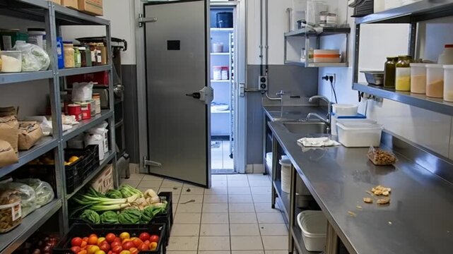 Commercial Kitchen Storage Room with Fresh Produce and Refrigeration