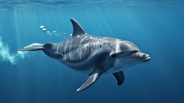 Smiling Dolphin Swimming Underwater with Sun Rays and Bubbles
