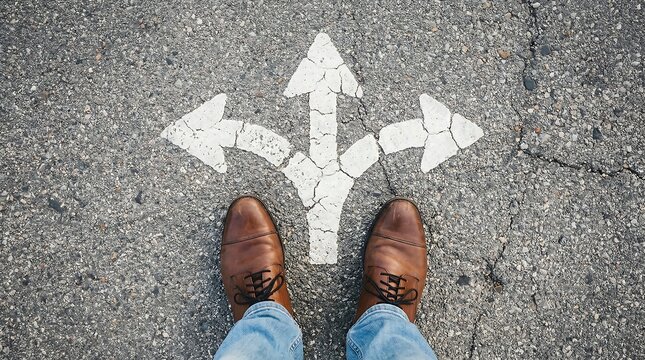 Person standing at crossroads with multiple arrows on asphalt road