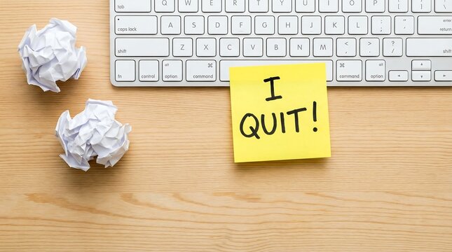 Resignation concept with crumpled paper and 'I QUIT!' sticky note on a desk next to a computer keyboard.