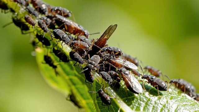 Aphid colony with winged and wingless insects on a green leaf