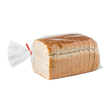 A loaf of sliced bread wrapped in clear plastic with a red twist tie  packaged for freshness  a common grocery item  used for making sandwiches  toast  and various meals transparent background