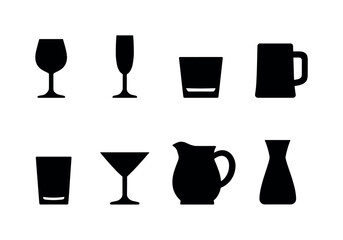 Kitchen drinkware: wine glass, champagne flute, whiskey glass, beer mug, water glass, cocktail glass, pitcher, carafe