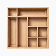 Wooden kitchen drawer organizer with multiple compartments isolated on white background