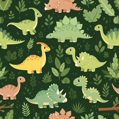 Obraz premium Adorable prehistoric creatures: seamless vector pattern with cute dinosaurs in a lush jungle.