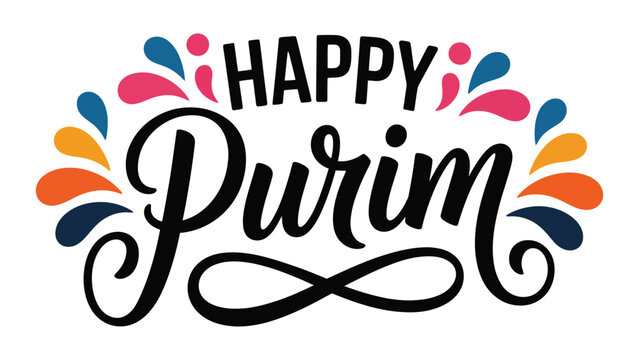 Happy Purim Colorful Hand Lettering Typography Design with Decorative Elements Isolated on White Background for Jewish Festival