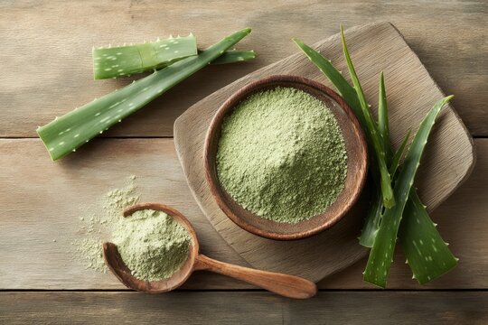 Aloe vera leaves, powder, and wooden bowl on a light-toned wood surface