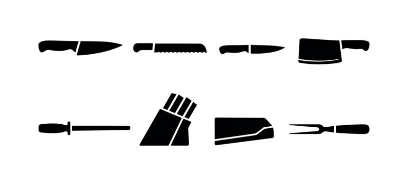 Kitchen knife set essentials: chef knife, bread knife, paring knife, cleaver, honing rod, knife block, blade guard, carving fork
