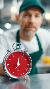 Chef in kitchen with large red timer for culinary preparation and precision cooking