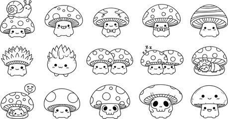 Kawaii mushroom characters set with cute fungus icons, snail on mushroom, sleeping mushroom and skull icons on white background. © Nurjjaman