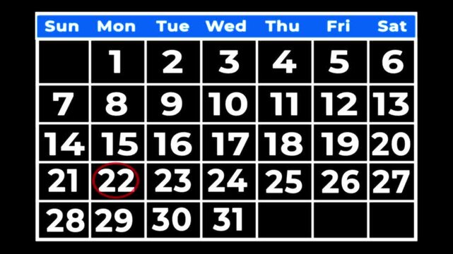 Calendar page with the 22th day of the month circled in red date number.Highlight calender number 22.