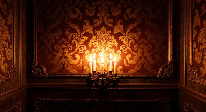 Warmly lit candelabra on ornate fireplace mantle with golden wallpaper